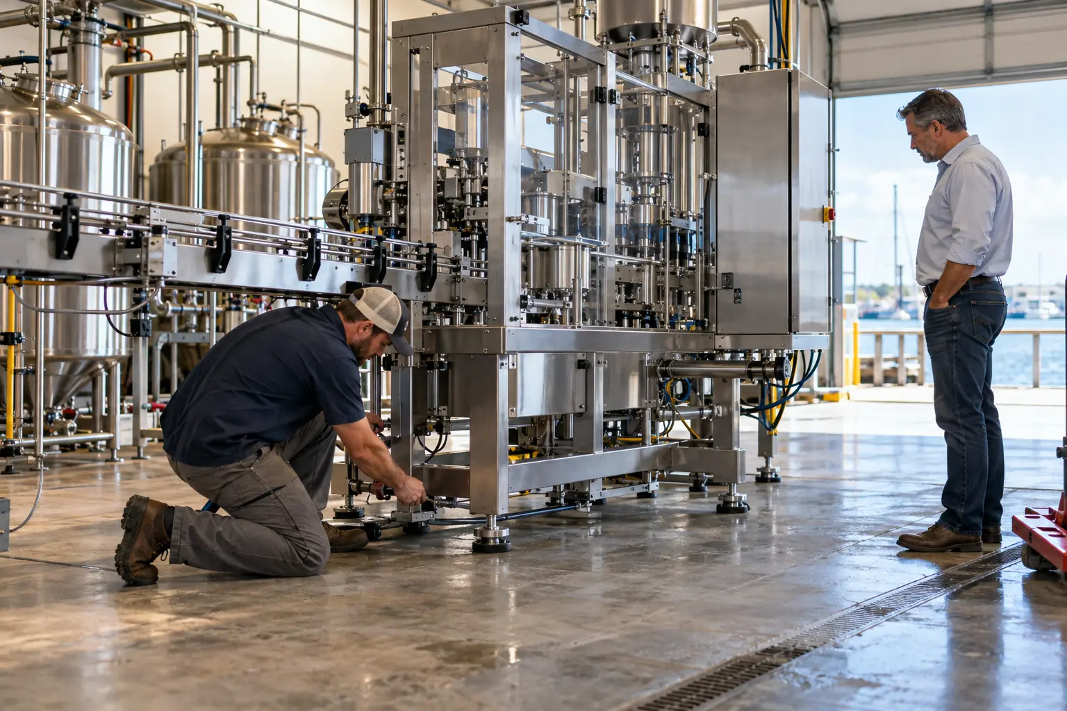 A technician installs a stainless-steel production line while another person looks on