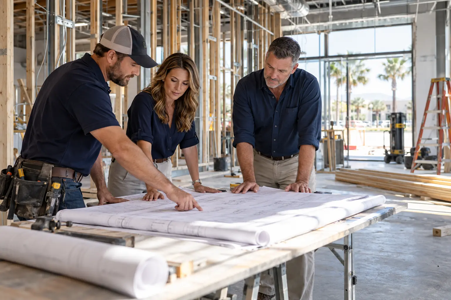 Three people review floor plans inside a space under construction