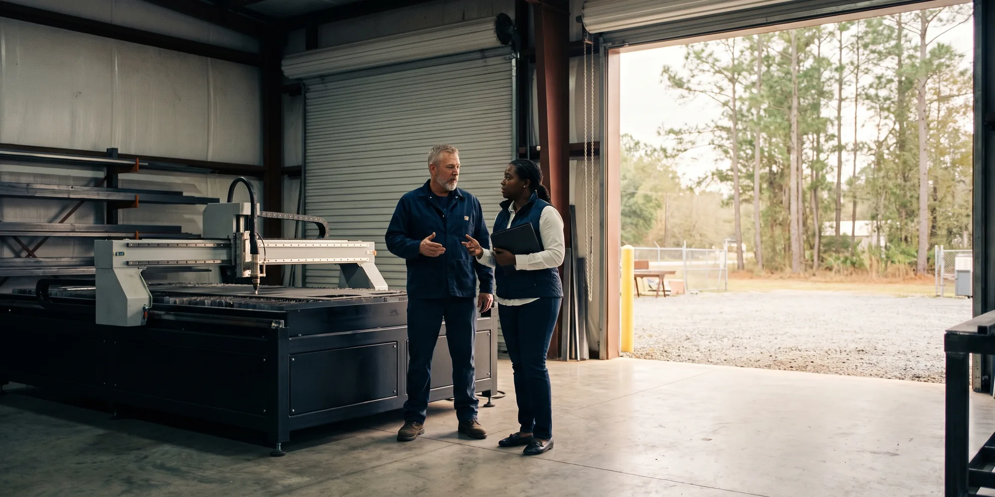 A shop owner and his operations manager talk beside a newly installed plasma cutting table, with the roll-up door open to pine trees