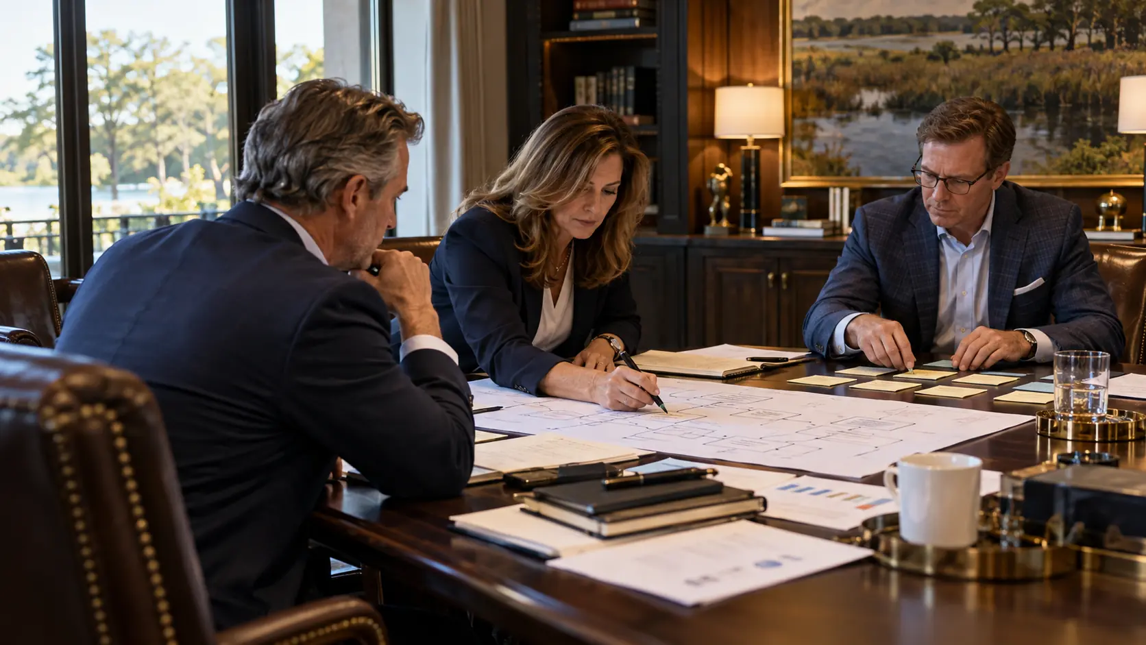 An experienced operator and two business owners work through a process map and planning notes at a conference table