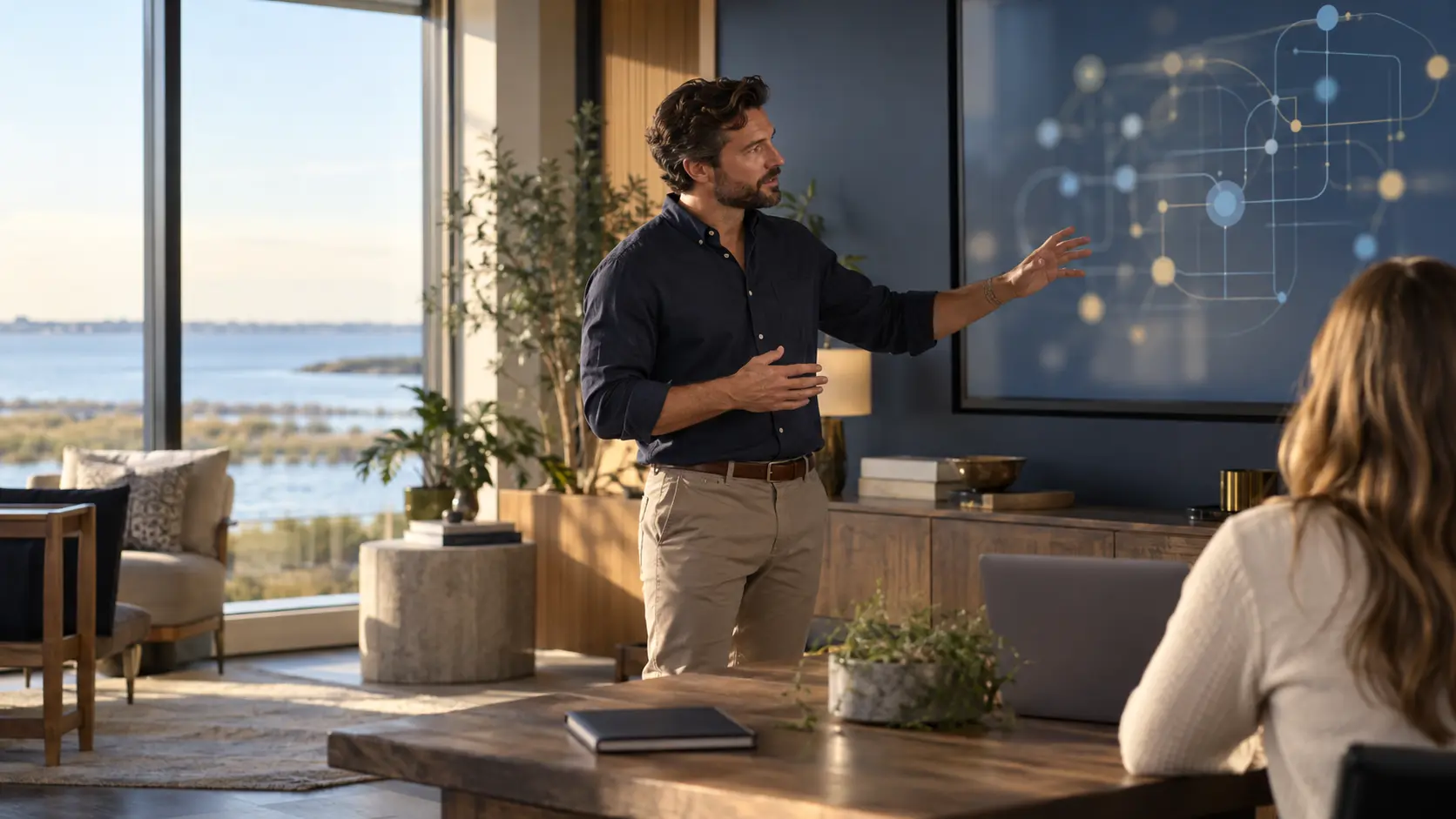 A software architect explaining a connected custom workflow during a working session.