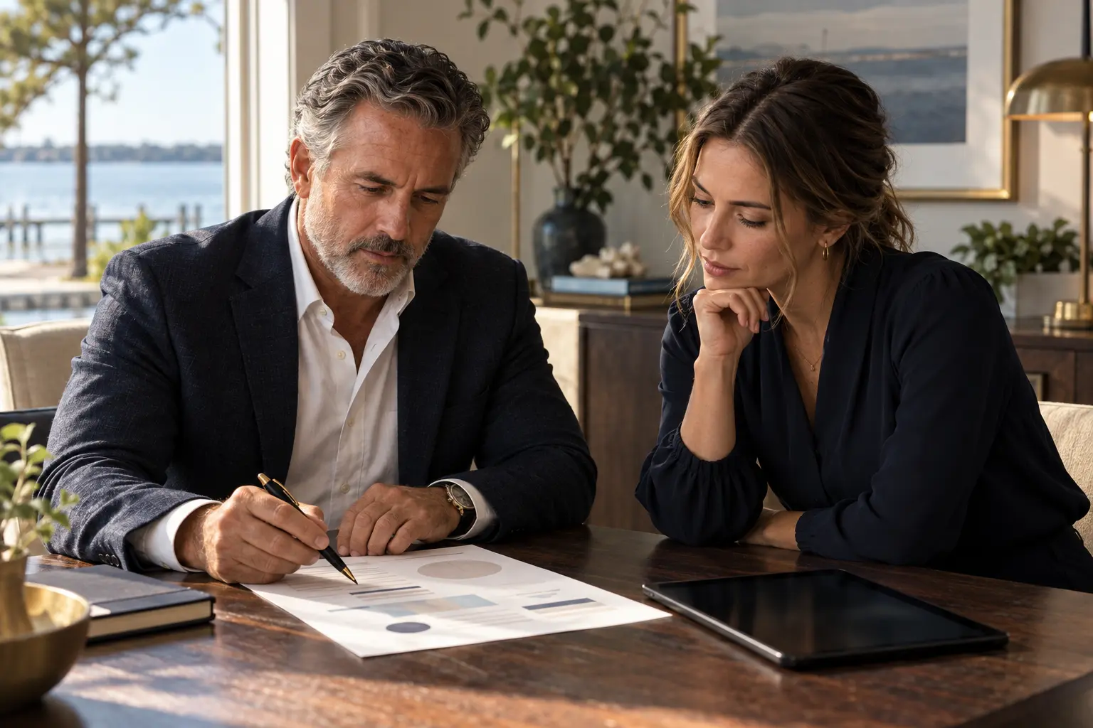 Two business leaders reviewing prepared information before making a decision.